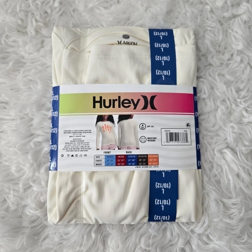Hurley Girls Long Sleeve UPF Swim Top. Size Large (10-12). New.H20-DRI technol